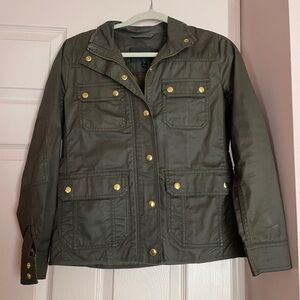 J Crew Field Jacket Olive Green Waxed military barn size small petite